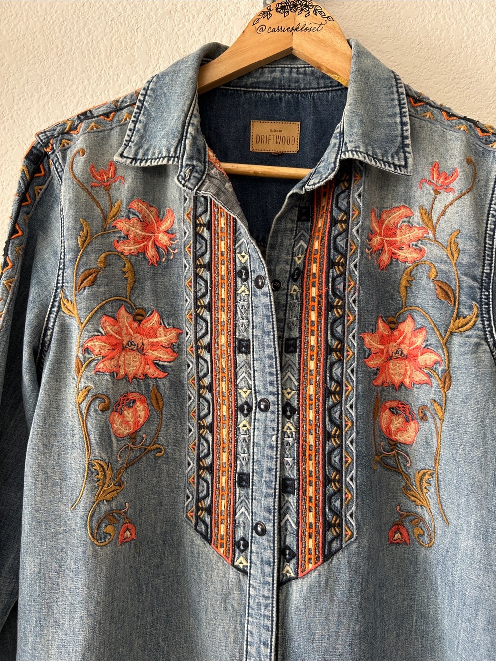 DRIFTWOOD Faded Blue Denim Jacket with Orange Floral Embroidery